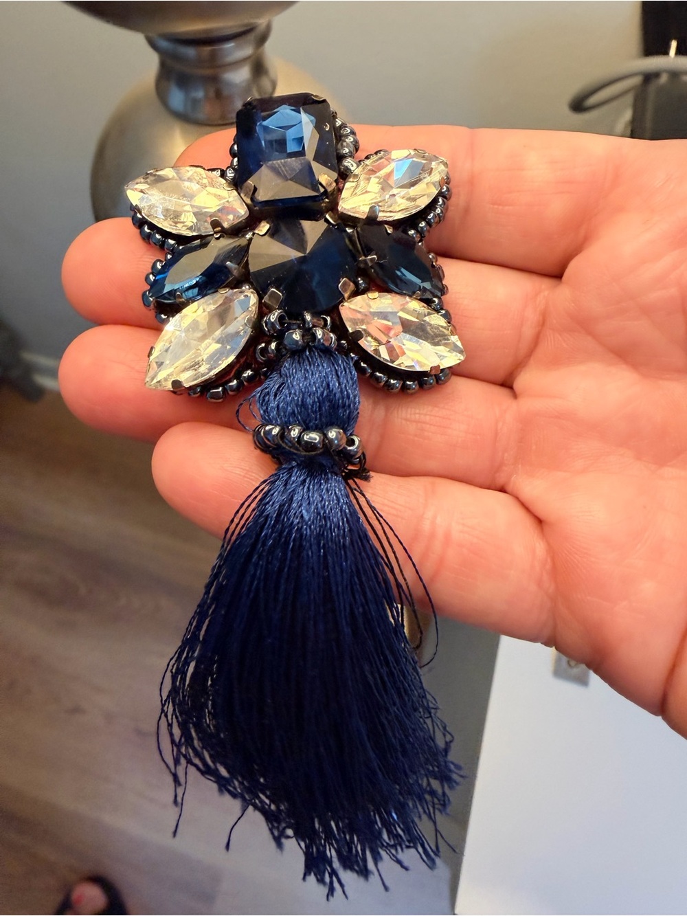 Navy Blue Crystal Tassel Statement Earring - Women Jewelry